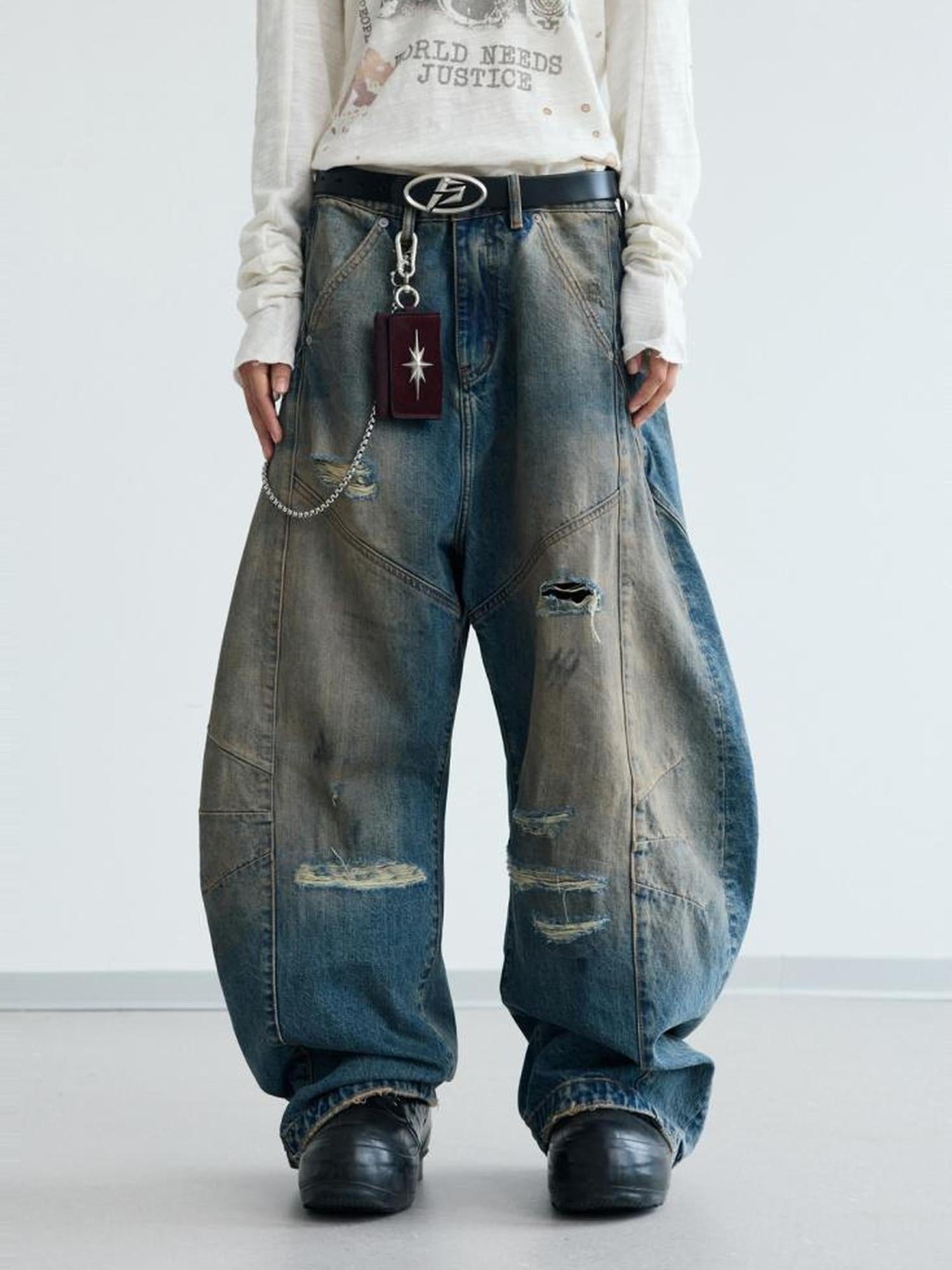 Peoplesense Distressed Yellow Mud Dyed Washed Ripped Unisex Baggy Scimitar Jeans