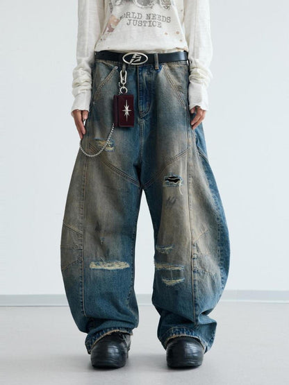 Peoplesense Distressed Yellow Mud Dyed Washed Ripped Unisex Baggy Scimitar Jeans