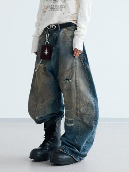 Peoplesense Distressed Yellow Mud Dyed Washed Ripped Unisex Baggy Scimitar Jeans