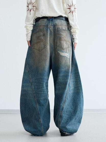 Peoplesense Distressed Yellow Mud Dyed Washed Ripped Unisex Baggy Scimitar Jeans
