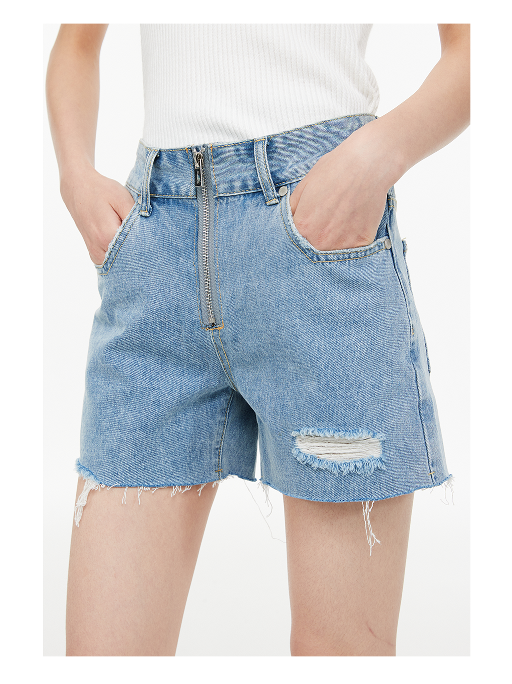 Distressed Zipper Denim Shorts