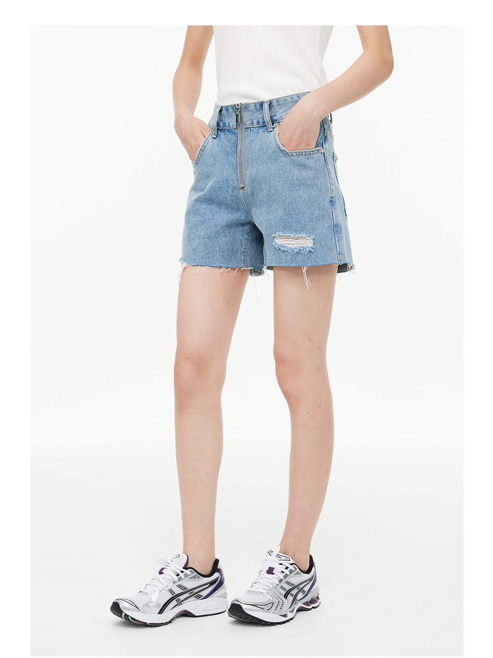 Distressed Zipper Denim Shorts