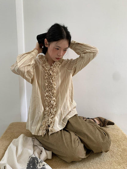 Dorydory 3d Lace Striped Lettuce Edge Ruffle Mandarin Collar Chinese Style Women&