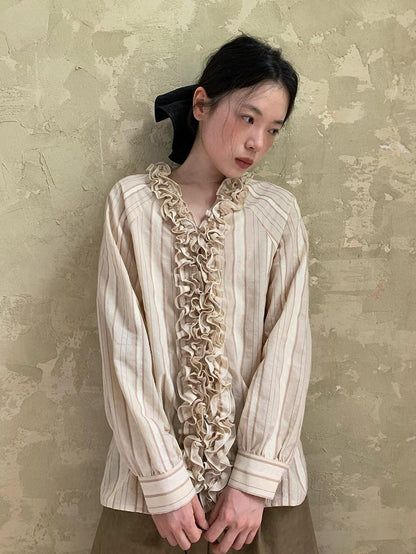 Dorydory 3d Lace Striped Lettuce Edge Ruffle Mandarin Collar Chinese Style Women&