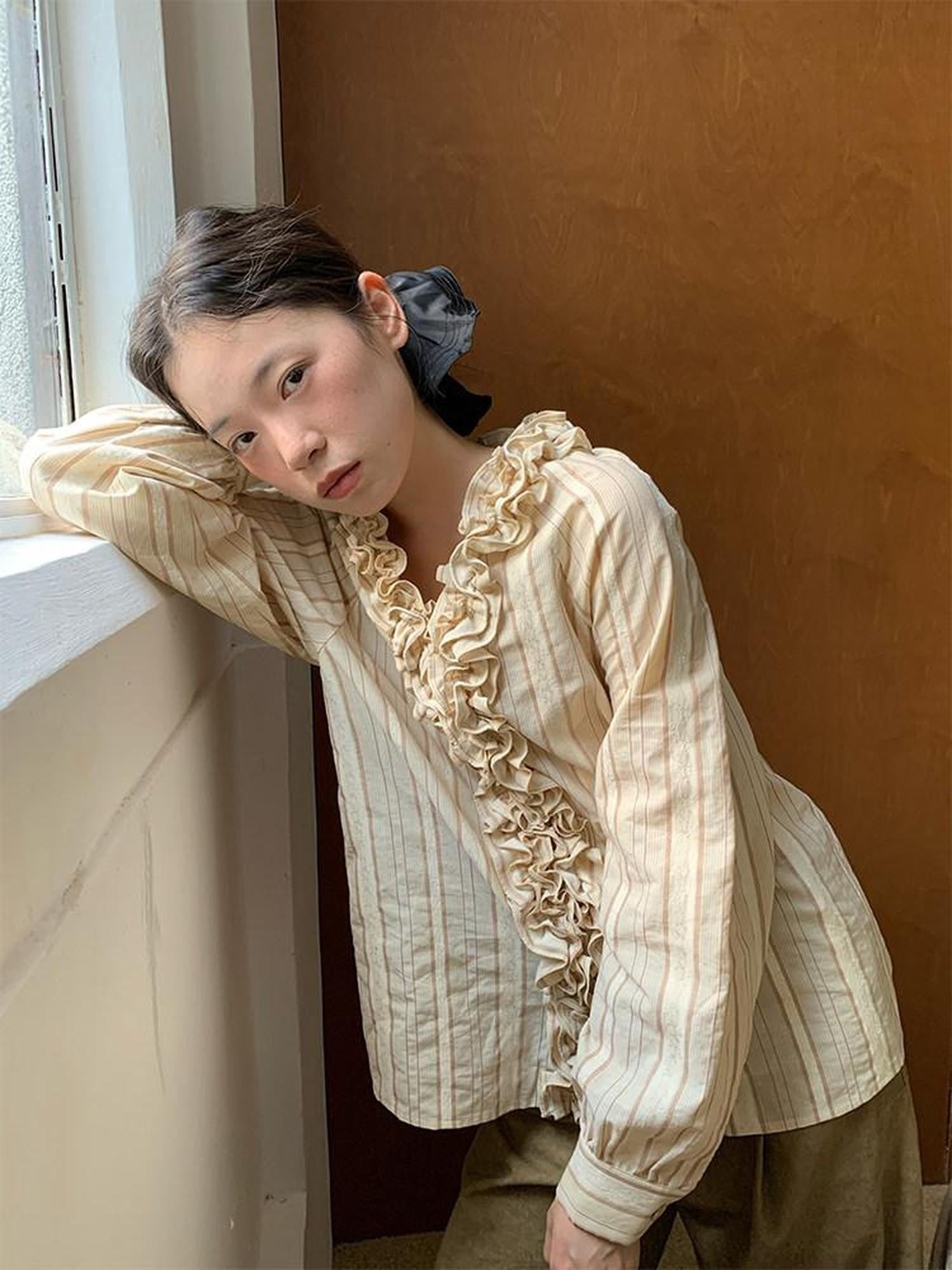 Dorydory 3d Lace Striped Lettuce Edge Ruffle Mandarin Collar Chinese Style Women&