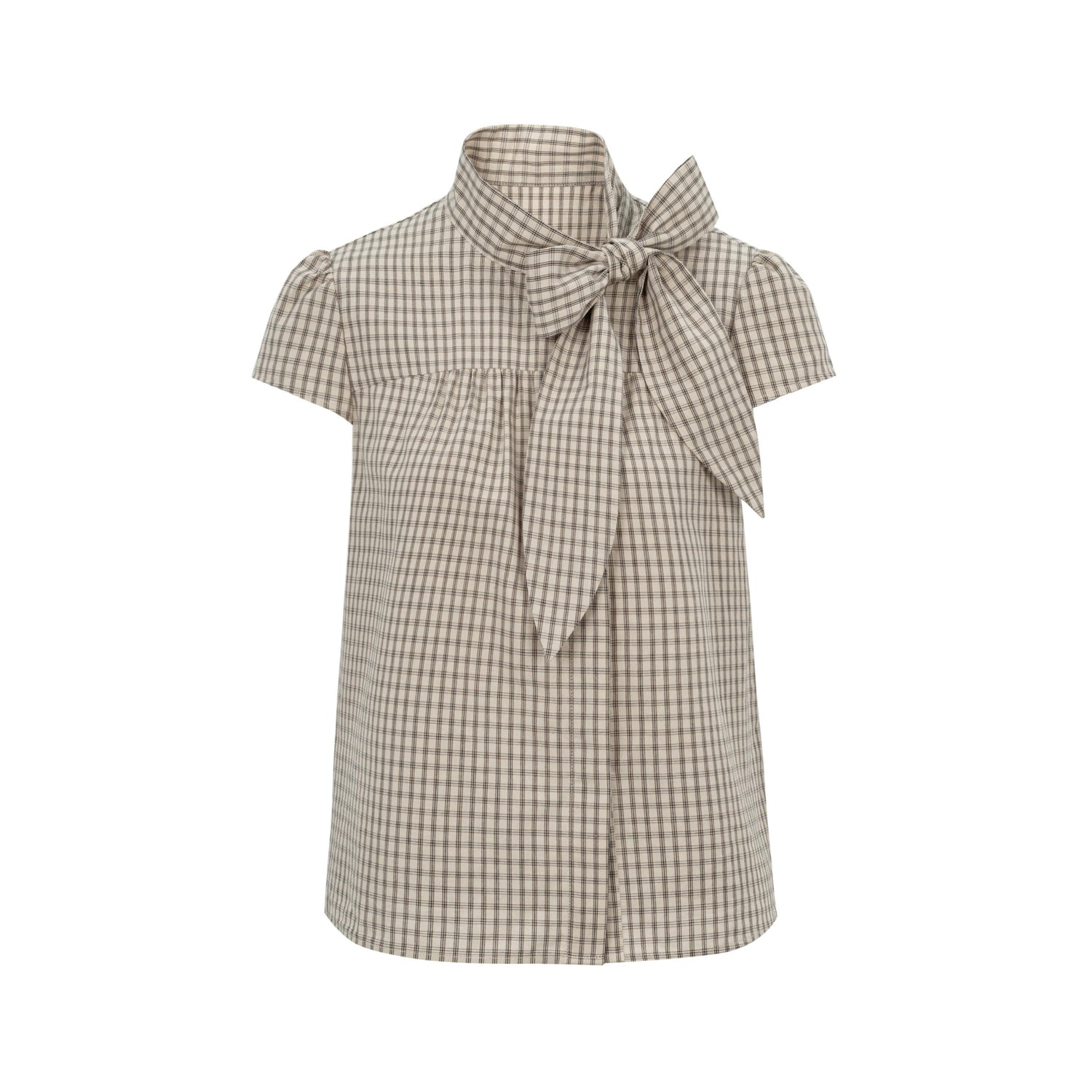 Dorydory_Apricot_Plaid_Tie_Front_Stand_Collar_Puff_Sleeve_Women&