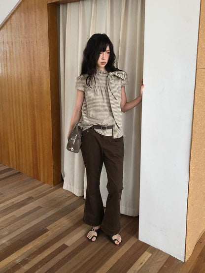 Dorydory Apricot Plaid Tie Front Stand Collar Puff Sleeve Women&