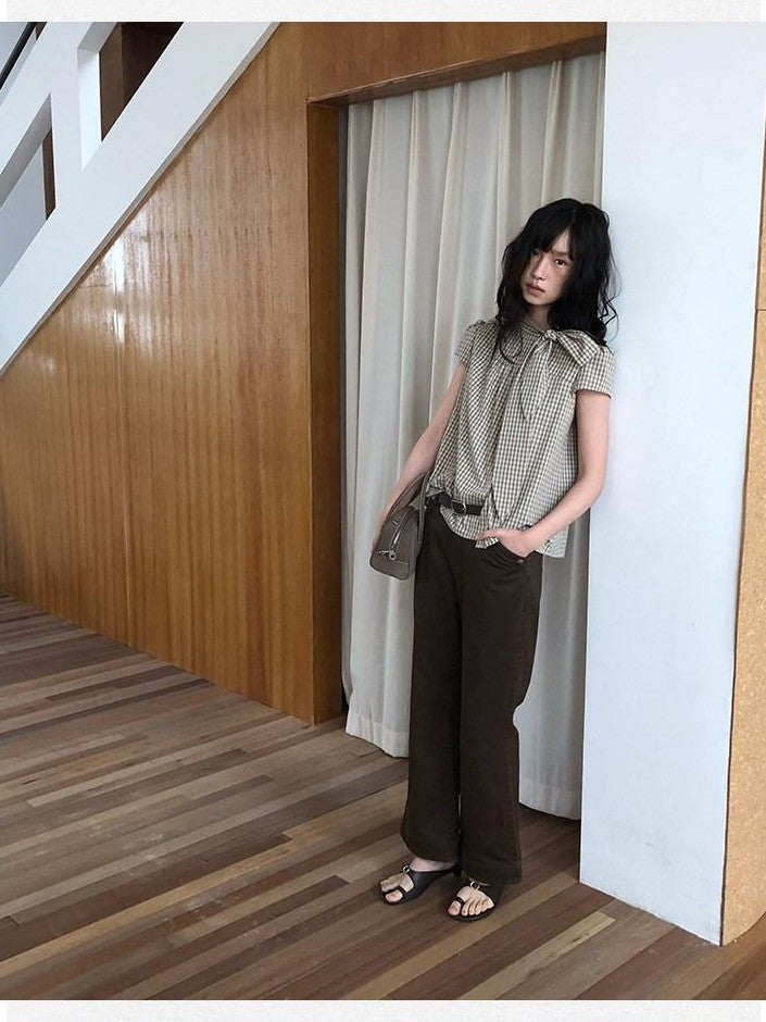Dorydory Apricot Plaid Tie Front Stand Collar Puff Sleeve Women&