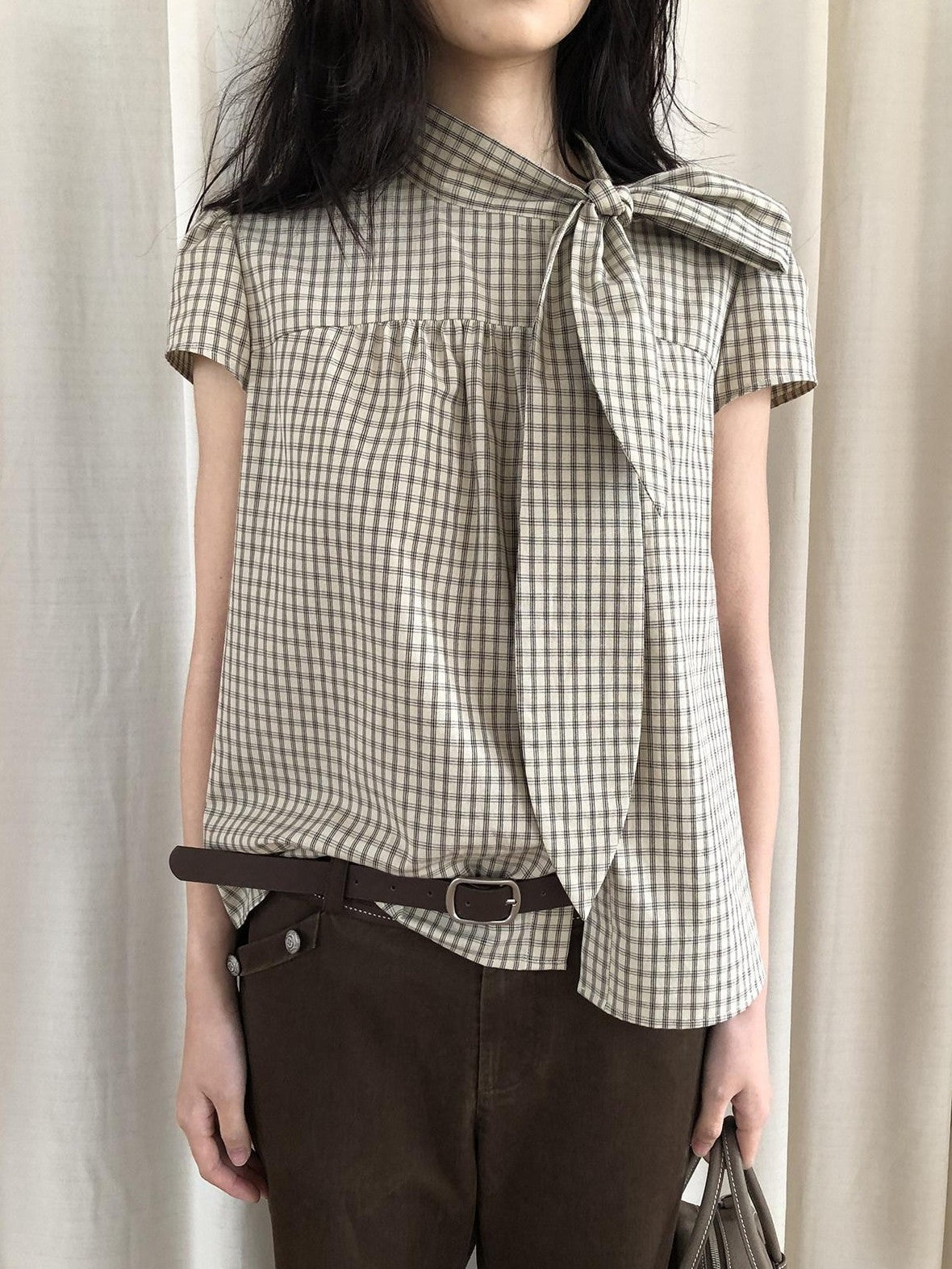 Dorydory Apricot Plaid Tie Front Stand Collar Puff Sleeve Women&