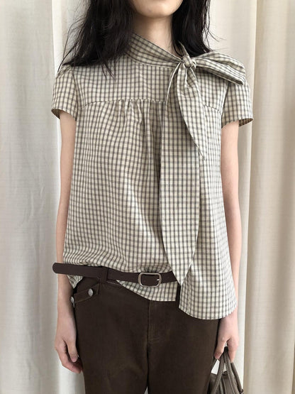 Dorydory Apricot Plaid Tie Front Stand Collar Puff Sleeve Women&