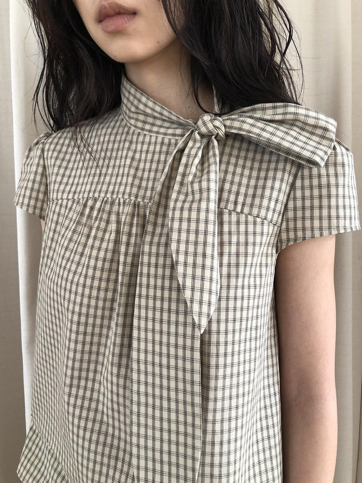 Dorydory Apricot Plaid Tie Front Stand Collar Puff Sleeve Women&