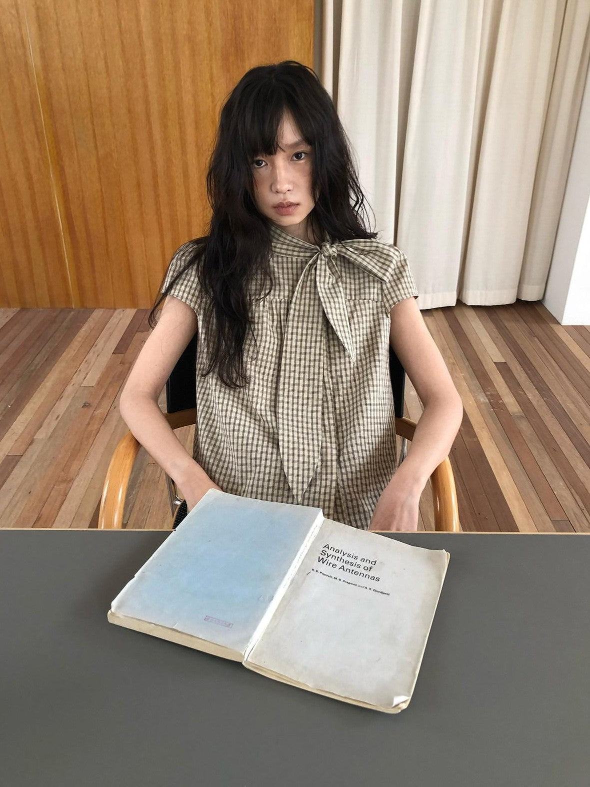 Dorydory Apricot Plaid Tie Front Stand Collar Puff Sleeve Women&