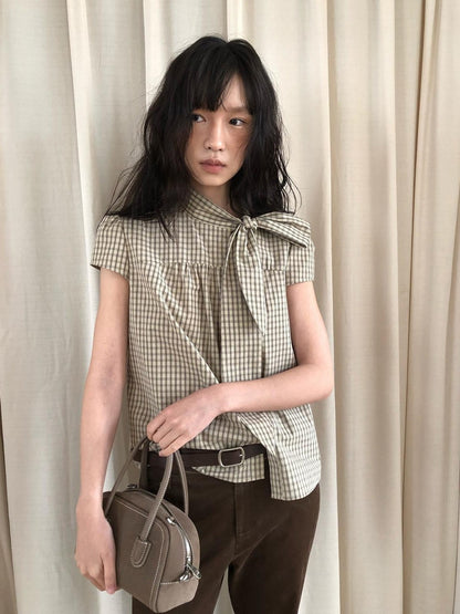Dorydory Apricot Plaid Tie Front Stand Collar Puff Sleeve Women&