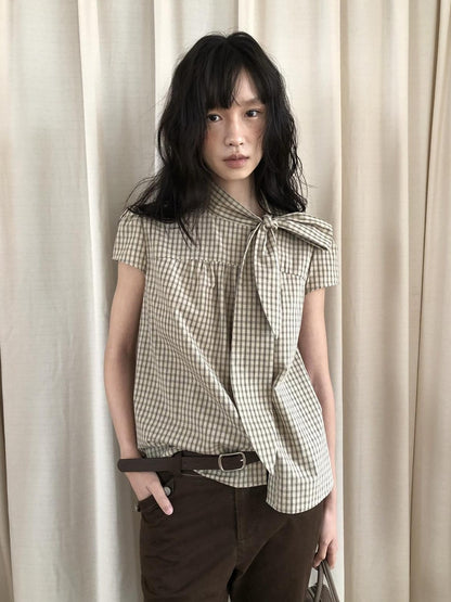 Dorydory Apricot Plaid Tie Front Stand Collar Puff Sleeve Women&