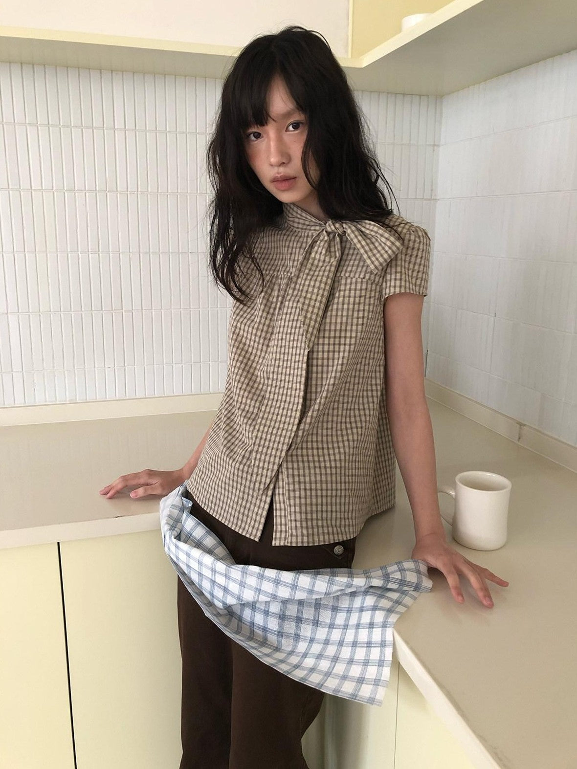 Dorydory Apricot Plaid Tie Front Stand Collar Puff Sleeve Women&