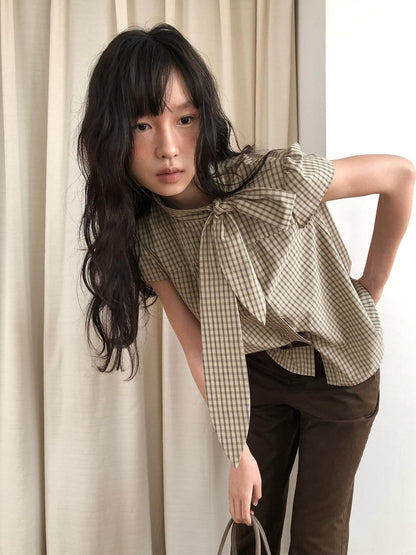 Dorydory Apricot Plaid Tie Front Stand Collar Puff Sleeve Women&