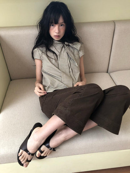 Dorydory Apricot Plaid Tie Front Stand Collar Puff Sleeve Women&
