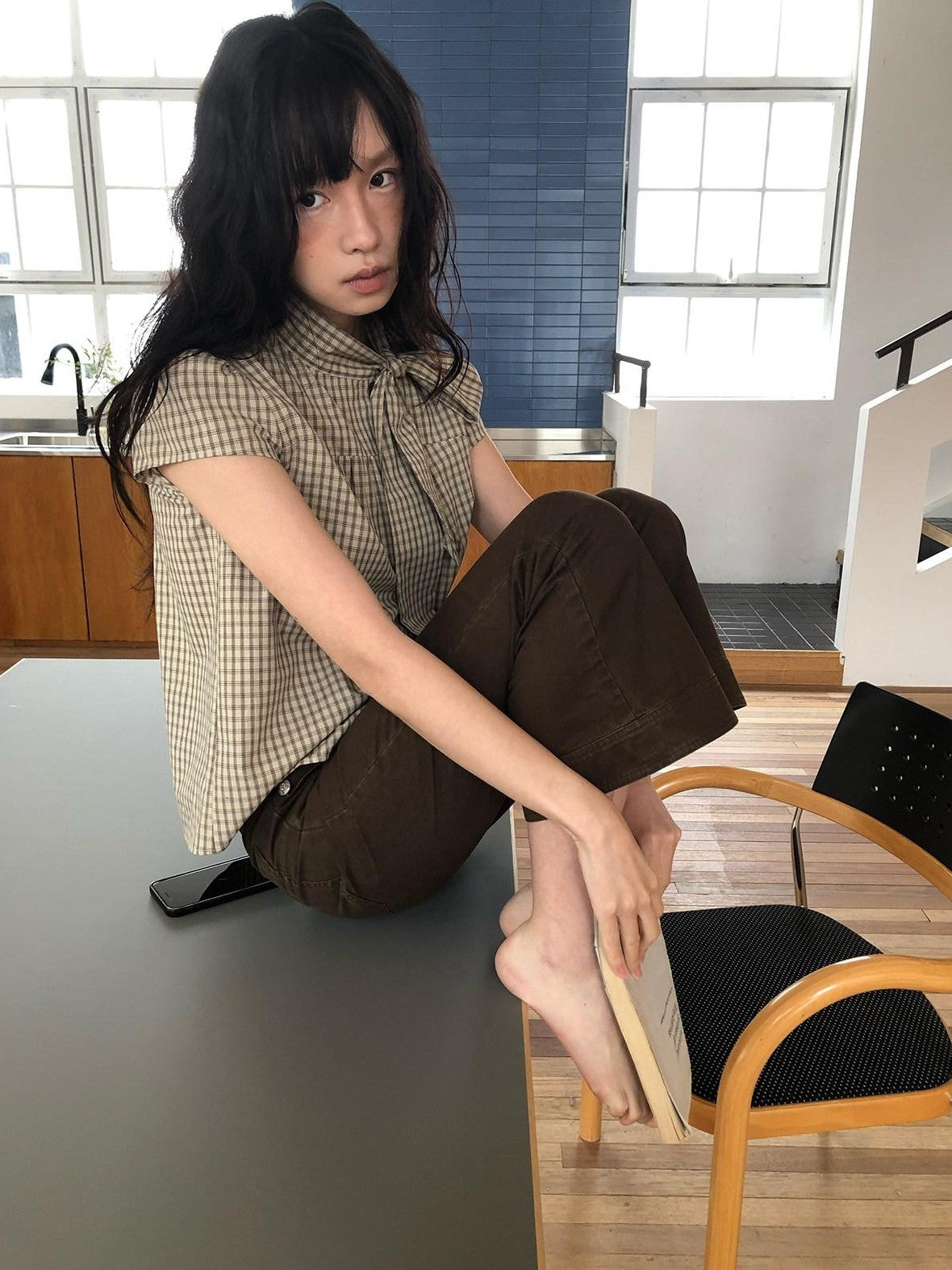 Dorydory Apricot Plaid Tie Front Stand Collar Puff Sleeve Women&