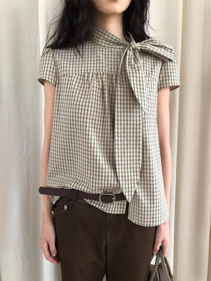 Dorydory Apricot Plaid Tie Front Stand Collar Puff Sleeve Women&
