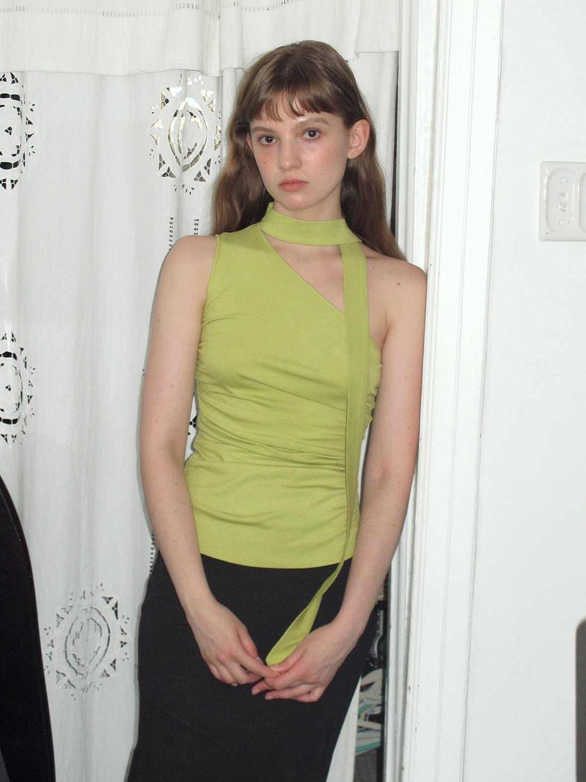 Dorydory Asymmetric One Shoulder Halter Ribbon Slim Fit Women&