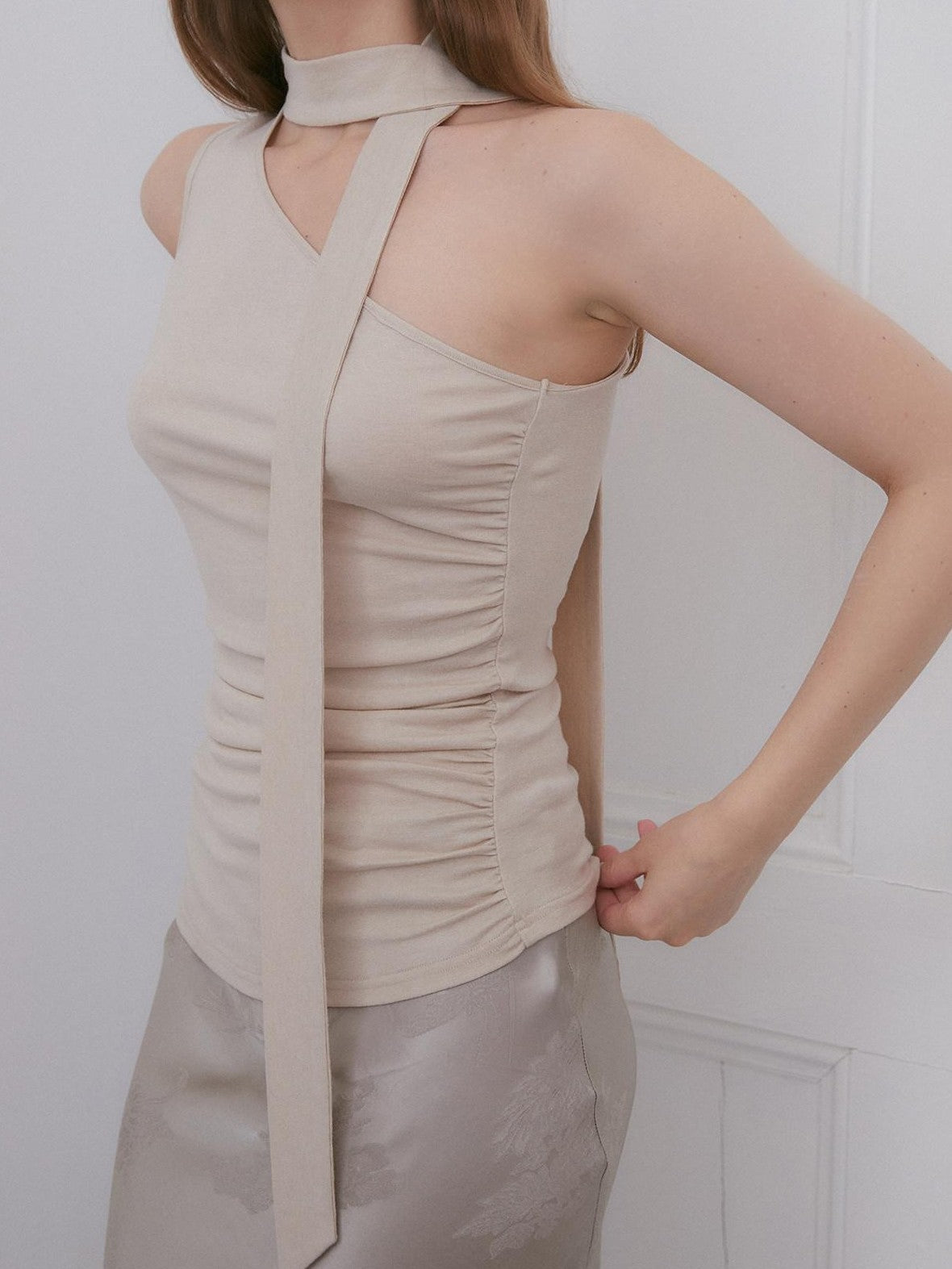 Dorydory Asymmetric One Shoulder Halter Ribbon Slim Fit Women&