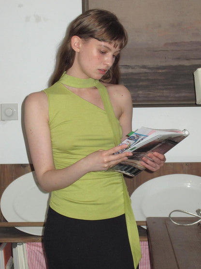 Dorydory Asymmetric One Shoulder Halter Ribbon Slim Fit Women&