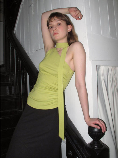Dorydory Asymmetric One Shoulder Halter Ribbon Slim Fit Women&