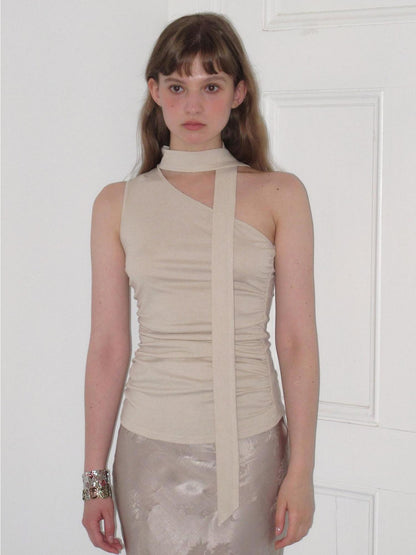 Dorydory Asymmetric One Shoulder Halter Ribbon Slim Fit Women&