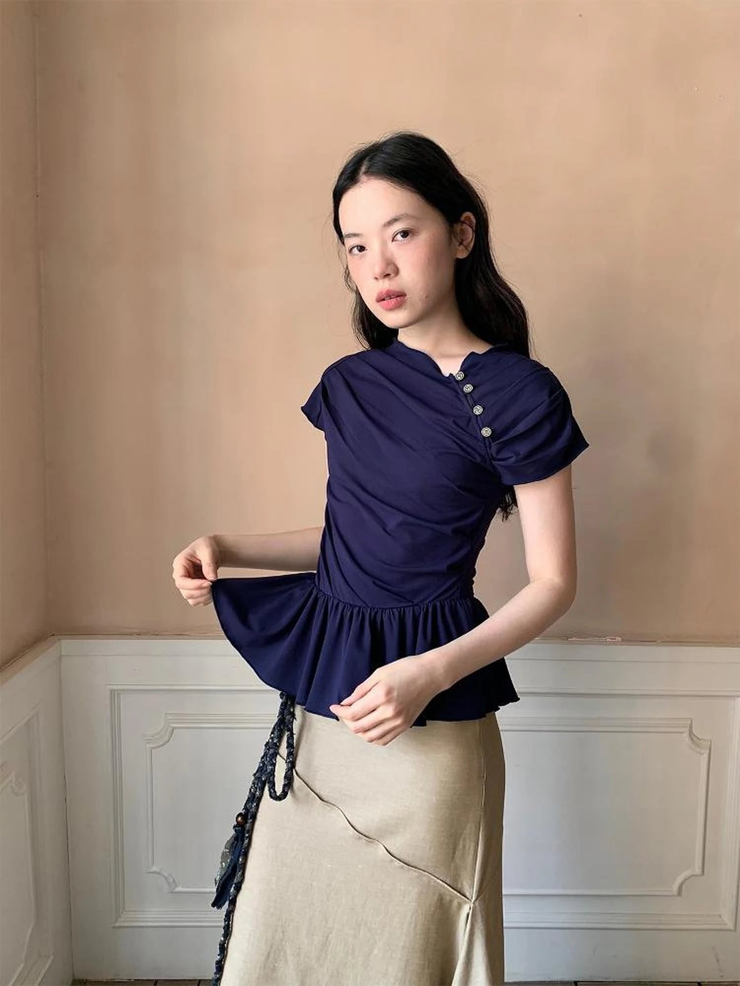 Asymmetrical Placket Tuck Detail Tee With Flounced Hem