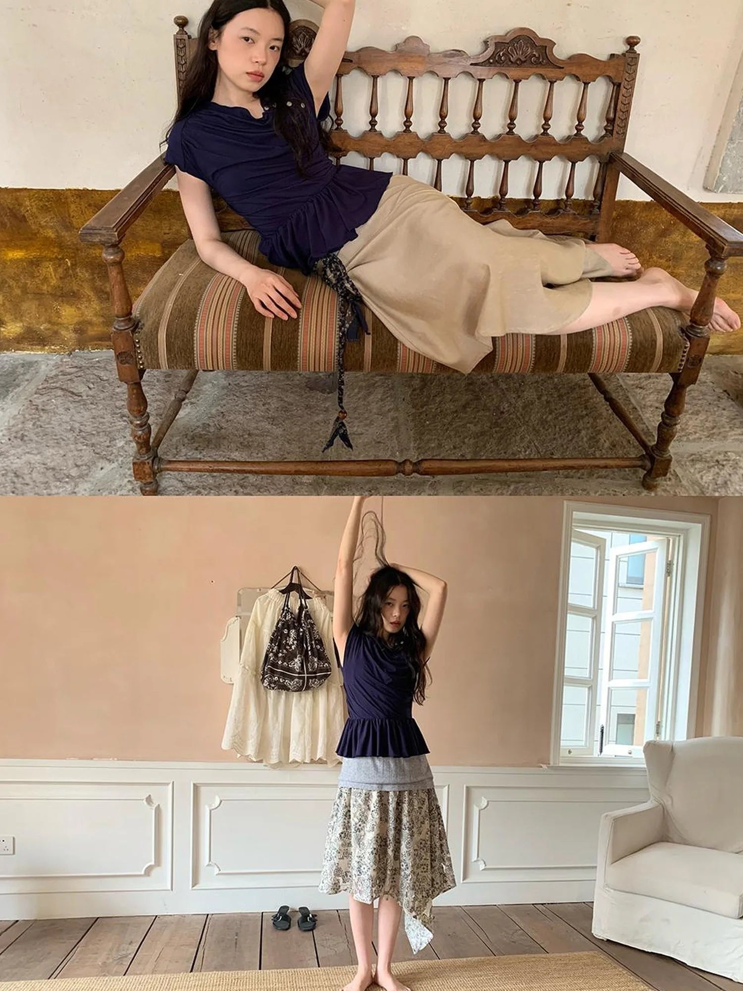 Asymmetrical Placket Tuck Detail Tee With Flounced Hem