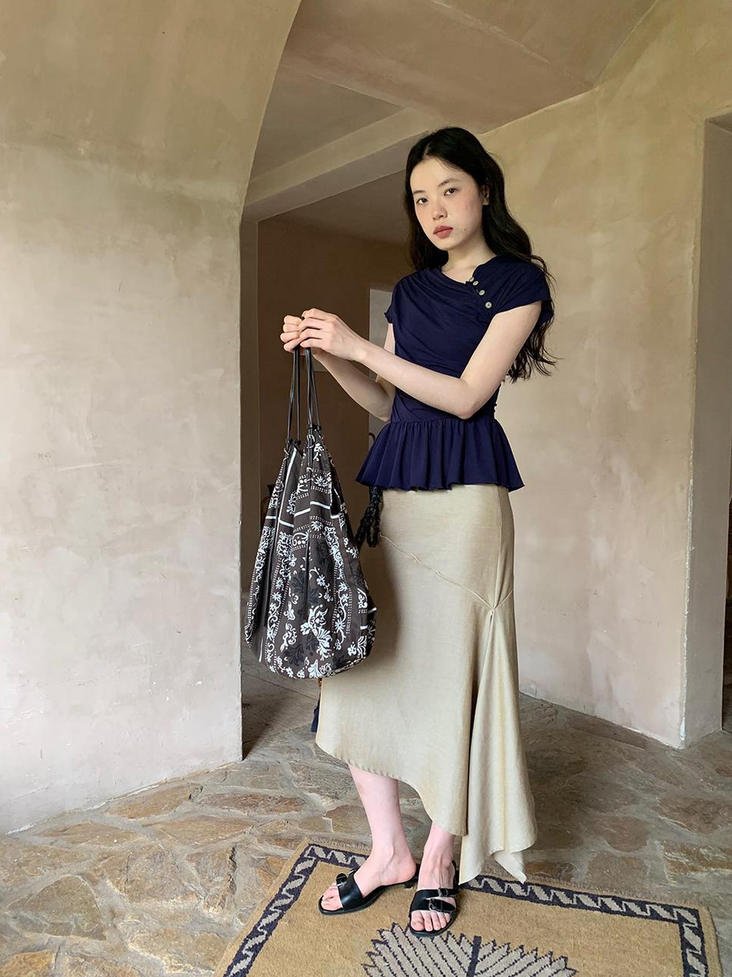 Dorydory Asymmetrical Placket Tuck Detail Tee With Flounced Hem