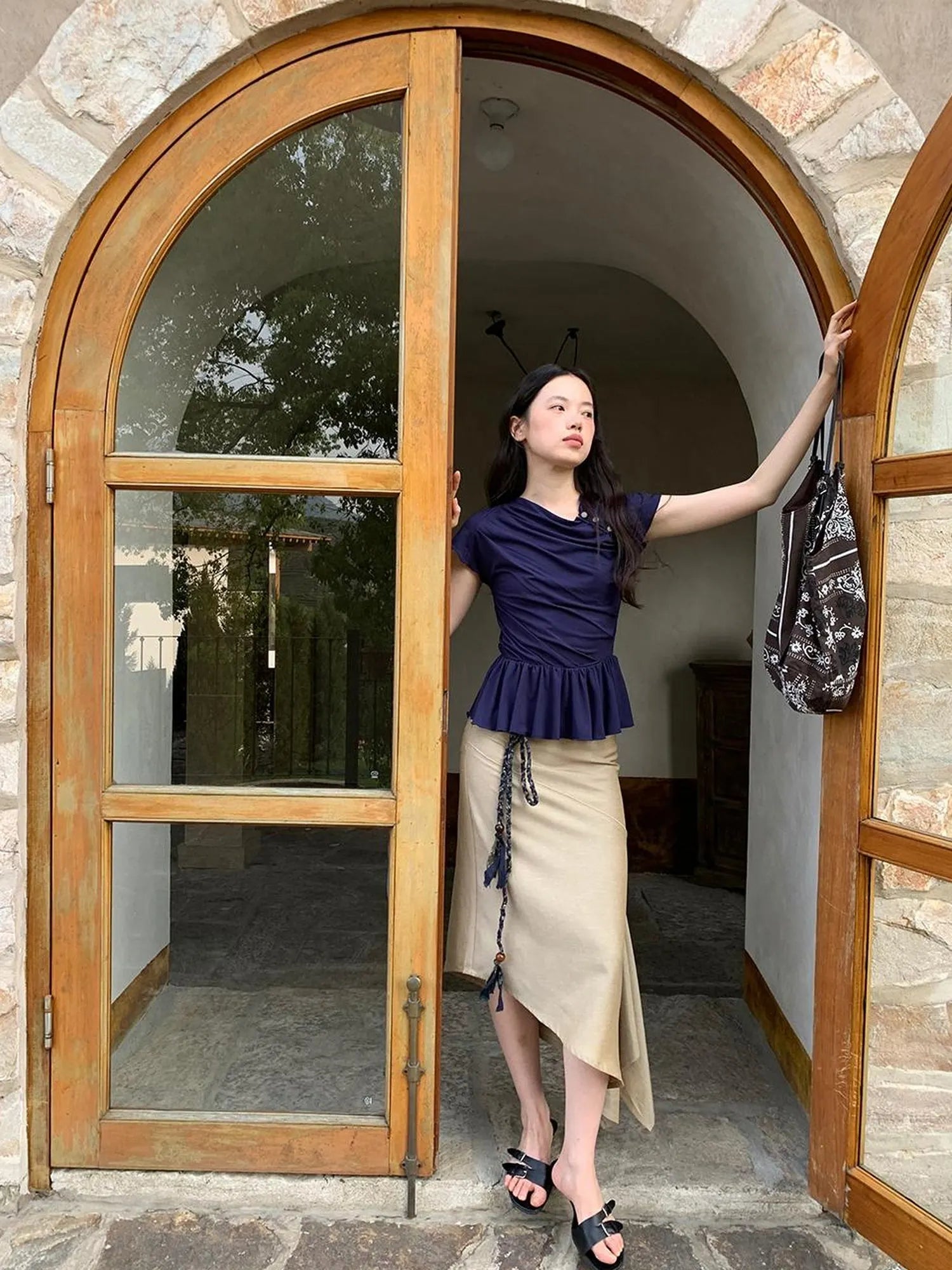 Asymmetrical Placket Tuck Detail Tee With Flounced Hem