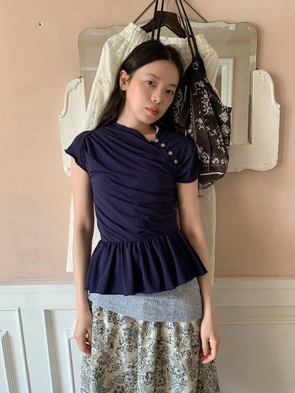 Asymmetrical Placket Tuck Detail Tee With Flounced Hem