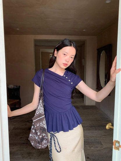 Asymmetrical Placket Tuck Detail Tee With Flounced Hem