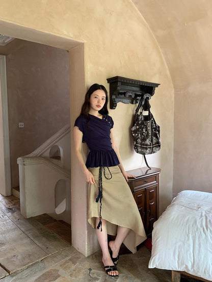 Dorydory Asymmetrical Placket Tuck Detail Tee With Flounced Hem
