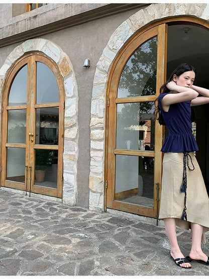 Asymmetrical Placket Tuck Detail Tee With Flounced Hem