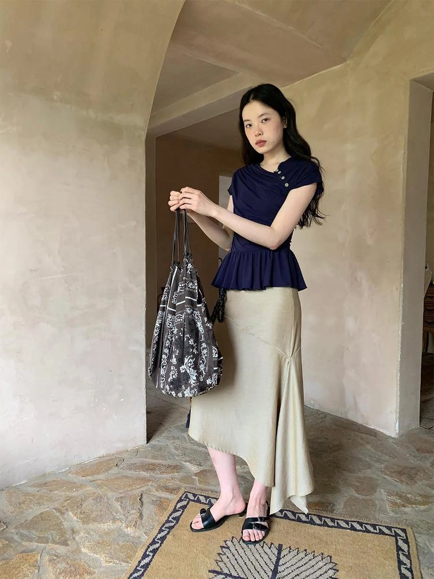 Asymmetrical Placket Tuck Detail Tee With Flounced Hem