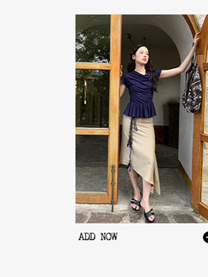 Dorydory Asymmetrical Placket Tuck Detail Tee With Flounced Hem