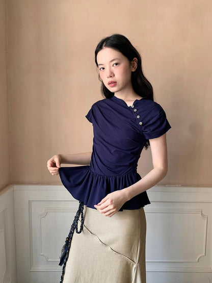 Asymmetrical Placket Tuck Detail Tee With Flounced Hem