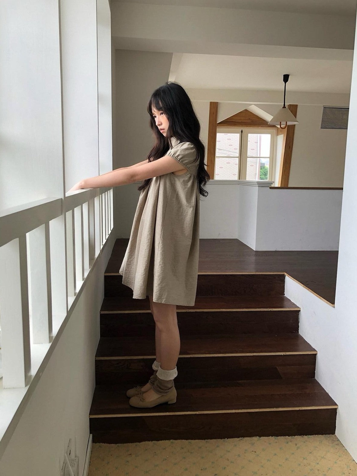 Dorydory Babydoll Puff Sleeve Loose Shirtdress Women&