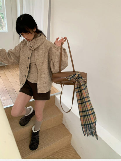 Dorydory Beige Boucle Vintage Loose Lapel Button Side Pockets Women&
