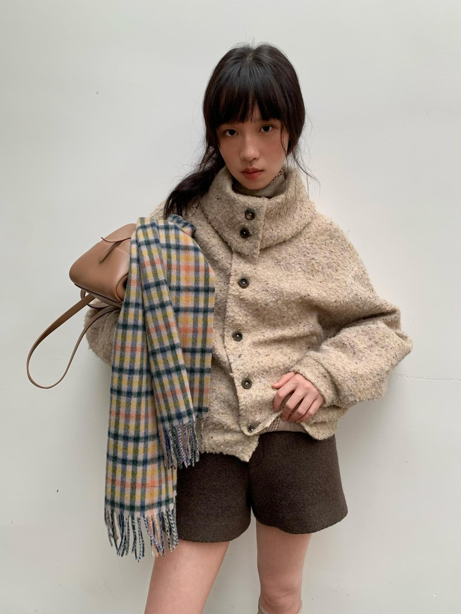 Dorydory Beige Boucle Vintage Loose Lapel Button Side Pockets Women&
