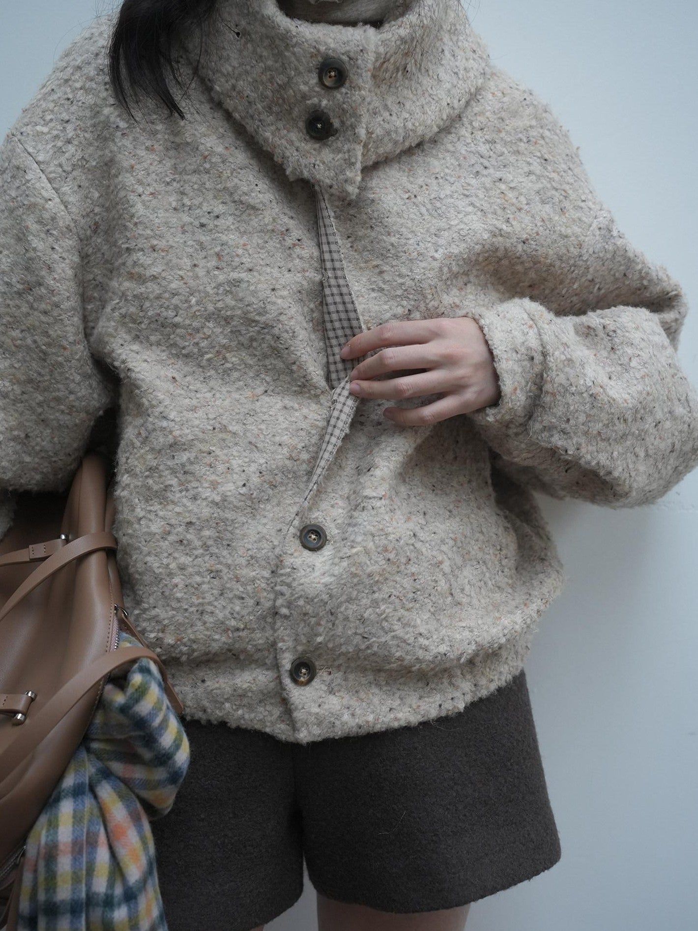 Dorydory Beige Boucle Vintage Loose Lapel Button Side Pockets Women&