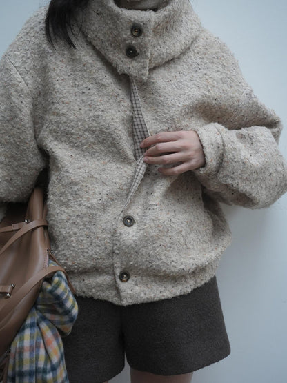 Dorydory Beige Boucle Vintage Loose Lapel Button Side Pockets Women&
