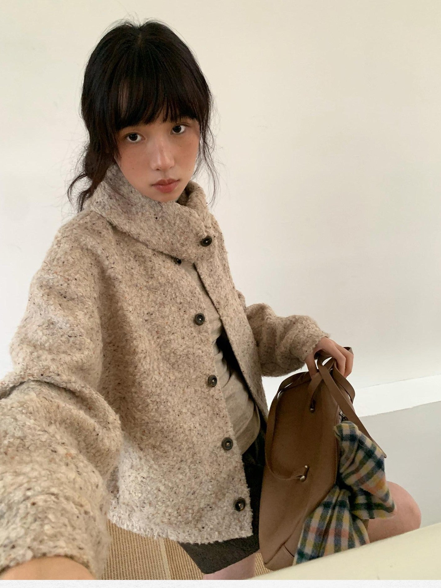 Dorydory Beige Boucle Vintage Loose Lapel Button Side Pockets Women&