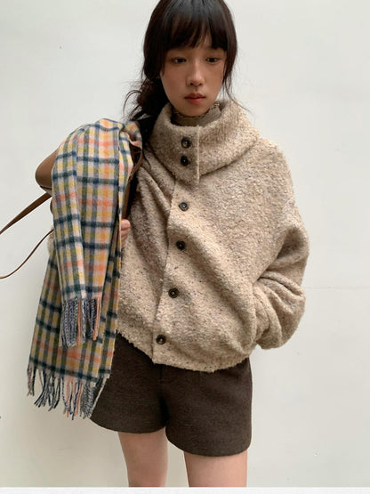 Dorydory Beige Boucle Vintage Loose Lapel Button Side Pockets Women&