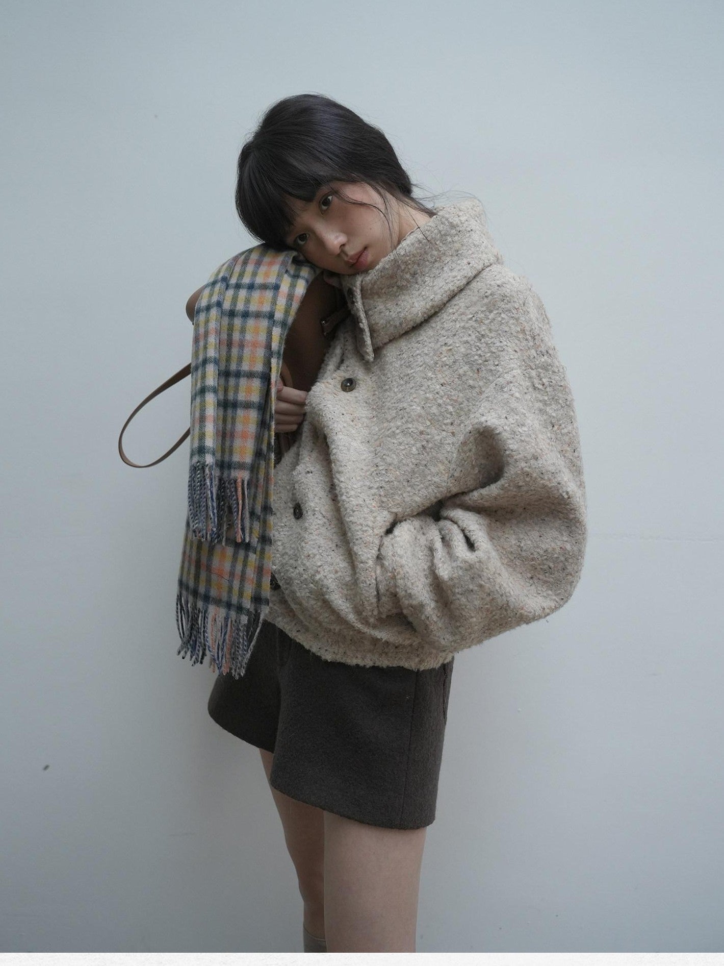 Dorydory Beige Boucle Vintage Loose Lapel Button Side Pockets Women&
