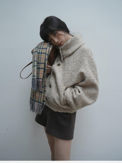 Dorydory Beige Boucle Vintage Loose Lapel Button Side Pockets Women&