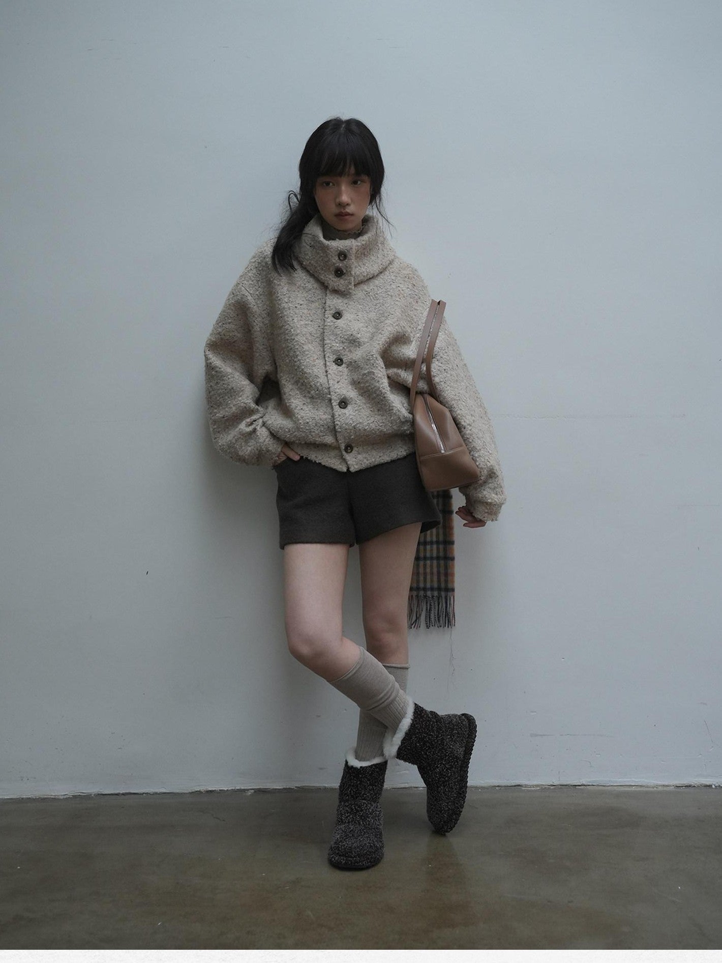 Dorydory Beige Boucle Vintage Loose Lapel Button Side Pockets Women&