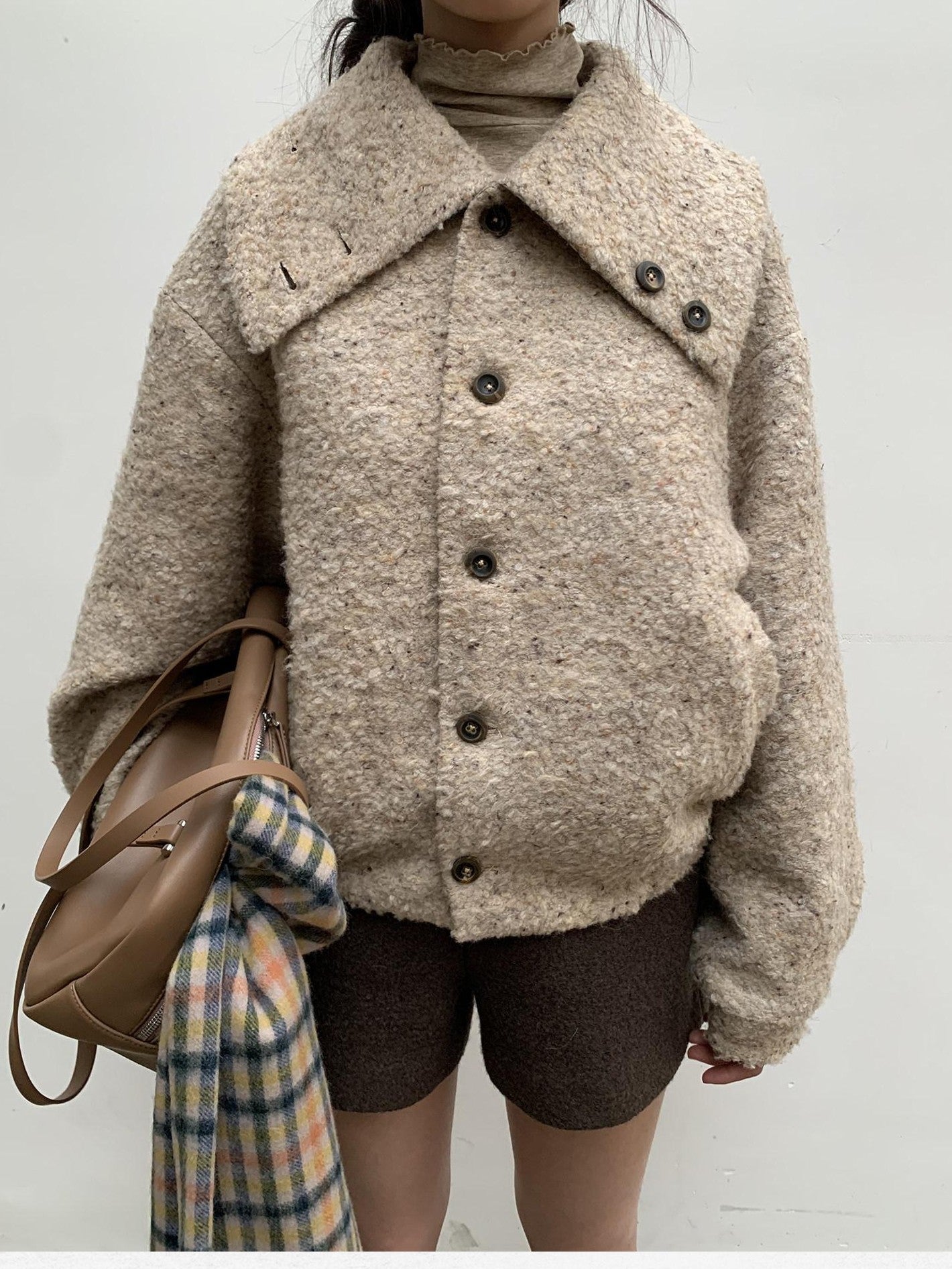 Dorydory Beige Boucle Vintage Loose Lapel Button Side Pockets Women&